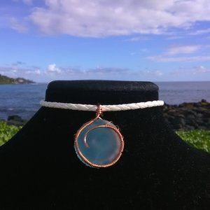 Copper Wrapped Light Blue Sea Glass Necklace